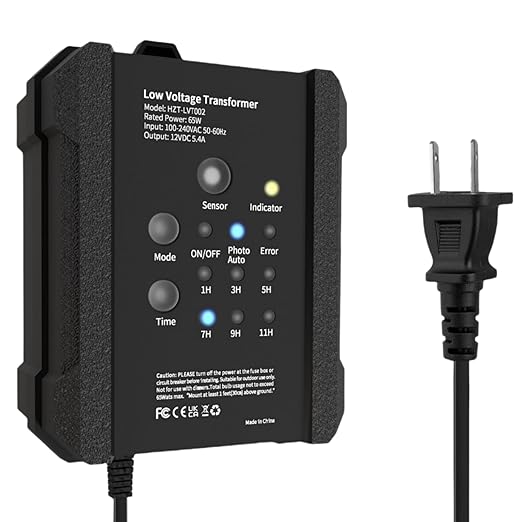 65W Outdoor Low Voltage Transformer Outdoor Landscape Lighting Transformer with Timer and Photocell Sensor 120V AC to 12V DC Weatherproof for Deck Lights Spotlight Pathway Light