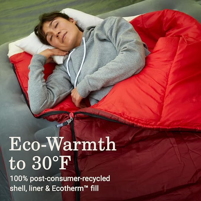 Coleman Flatlands 30/40/50°F Sleeping Bag Made from 100% Recycled Material Big &amp Tall Options Cool-Weather Sleeping Bag for Camping Sleepovers Guests &amp More