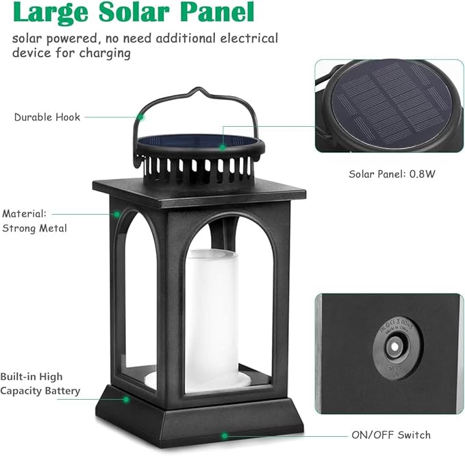 TomCare Solar Lights Flickering Flame Upgraded Metal Solar Lantern Outdoor Hanging Decorative Lanterns Heavy Duty Solar Powered Waterproof Outdoor Lighting for Patio Garden Deck Yard 2 Pack (Black)
