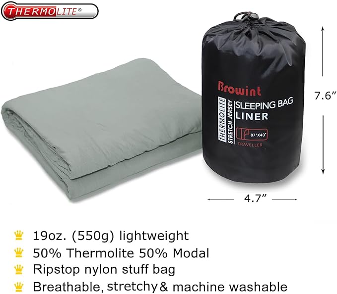 BROWINT Thermolite Sleeping Bag Liner with Zippers for Cold Weather Lightweight Mummy with Hood &amp Rectangular Sleep Sack for Adult Adds Warmth Thermal Travel Liner All Season