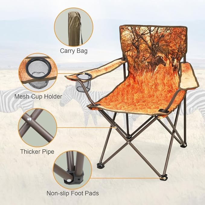 2 Pcs Animal Pattern Camping ChairFolding Backpacking Lightweight Beach Chair w/Cup HolderSide PocketCarry BagPortable Adults Lawn Chair for Family OutdoorHikingPartiesZebra