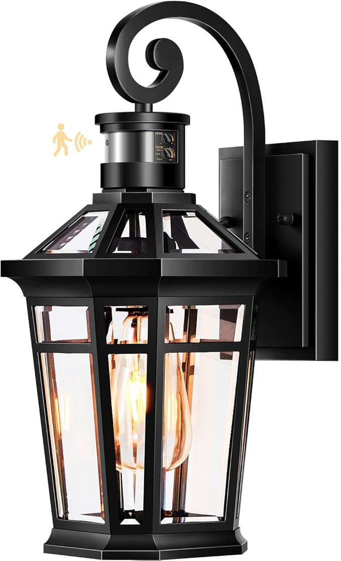 Motion Sensor Outdoor Wall Lights Black Dusk to Dawn Porch Light Wall Mount Exterior Lighting Fixtures Outdoor Wall Sconce Lantern with Adjustable Sensor Range Coach Lights for Garage Patio