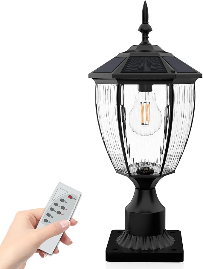 Solar Post Lights with Pier Mount Base 17.3'' H 2700K Solar Lamp Post Light Waterproof Dusk to Dawn Pole Lights Outdoor for Garden Patio Yard Pathway Gate Remote Control Black(Warm White)