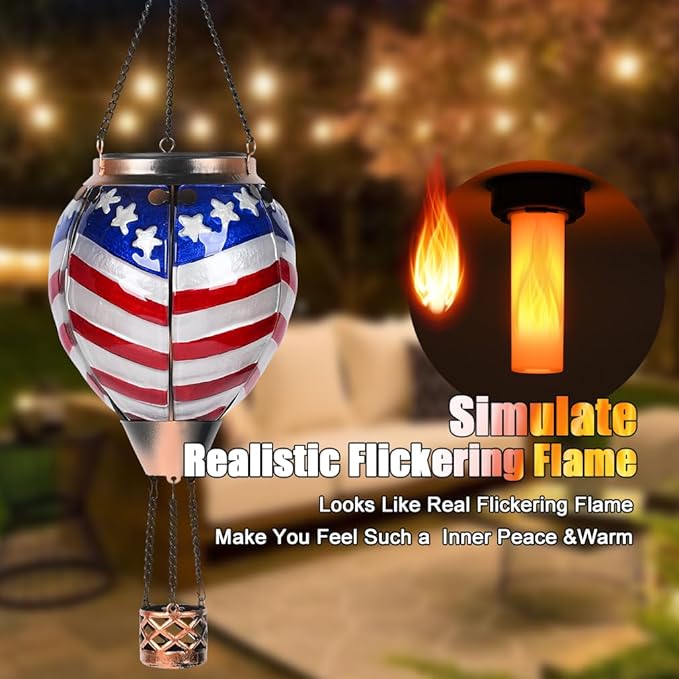 Hot Air Balloon Solar Lantern - U.S Flag Patriotic Glass Lantern Simulated Flickering Dancing Flame Outdoor Hanging Yard Light Waterproof IP65 Ideal 4th of July Gift for Patriot Patio Decor