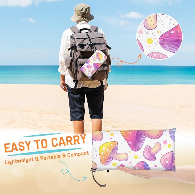 Waterproof Sandproof Beach Blanket 59''×68'' Dream Mushrooms Polyester Outdoor Picnic Blanket with 4 Stakes &amp Storage Bag for BeachCampingVacation White
