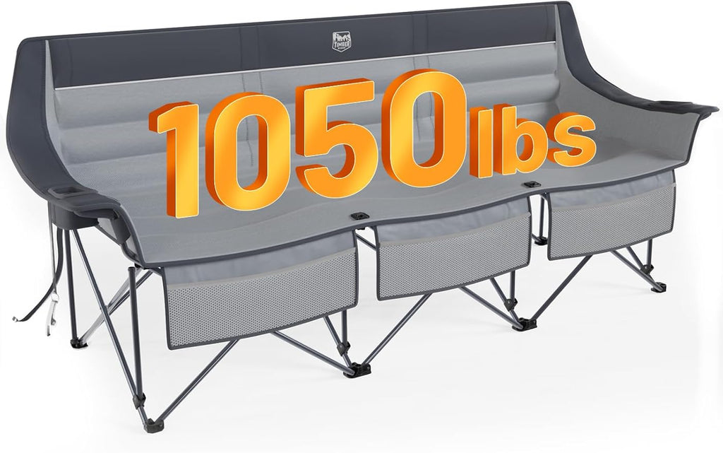 Timber Ridge 3 Person Camping Chair Supports to 1050lbs Portable Camp Couch Padded Camping Chairs Outdoor Oversized Folding Loveseat Perfect for Campsites Patio/Lawn Soccer Games Grey