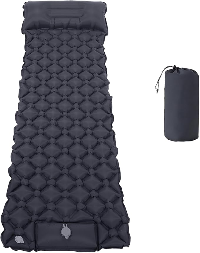 Sleeping Pad 40D Nylon Camping Mat with Pillow Built-in Foot Pump Inflatable Sleeping Mat Compact Portable Waterproof Air Mattress for Outdoor Camping Hiking Backpacking Single (Gray)