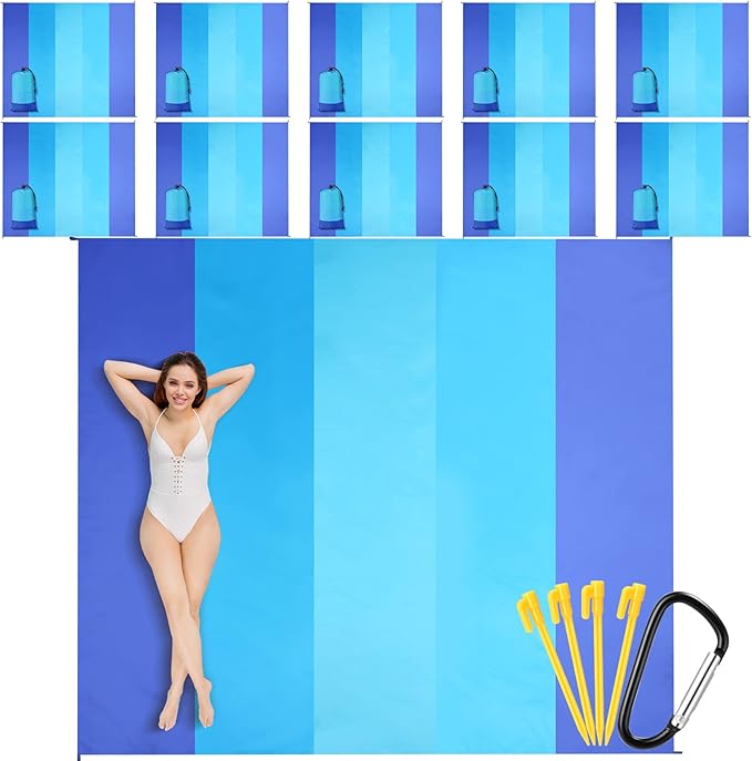 10 Pack Beach Blankets Sandproof 78 x 82 Inch Bulk Large Waterproof Beach Mat for 1-6 Adults Oversized Sand Free Beach Blanket with Stakes Climbing Hook Storage Bags for Travel Camping Picnic Hiking