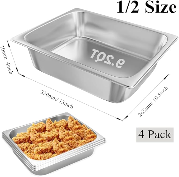 4 Pack Hotel Pan for Commercial Steam Table Pans 1/2 Size x 4 Inch Deep Commercial Stainless Steel Pan Restaurant Steam Table Pans