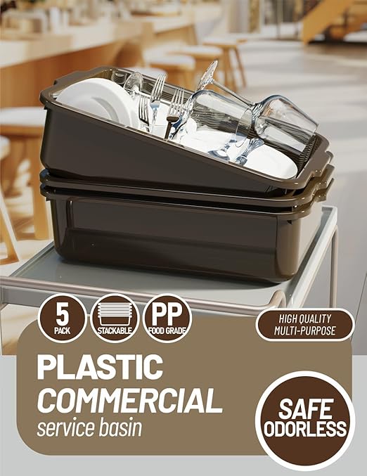 WYT 5-Pack Commercial Bus Tubs Box/Tote Box Brown Plastic Storage Bin with Handles/Wash Basin Tub (8 Liter)