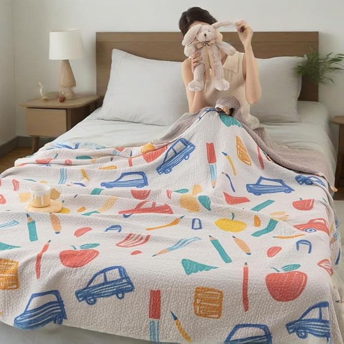 Bnitoam School Season 100% Cotton Bed Blanket Twin Size 60x80 3 Layer Muslin Blanket Pencil School Bus Cooling Breathable Lightweight Summer Gauze Throw for Kids (Print School 60x80)