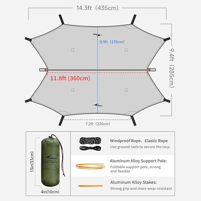 14ft Hammock Rain Fly Lightweight Waterproof Camping Tent Tarp with Doors and Dual Support Poles Bushcraft Tarp Shelter for Backpacking Hiking Camping