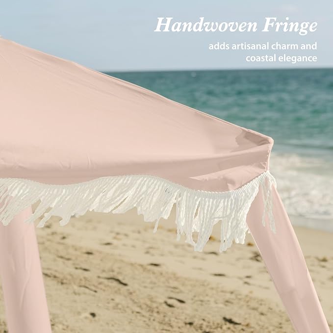 AMMSUN Beach Cabana with Fringe 6.5' x 6.5' Boho Beach Canopy with Tassels Easy Set up &amp Premium Wood Pole Cabana Tent with Sand Pockets Instant Sun Shade for Sand Garden Patio Pink Coral