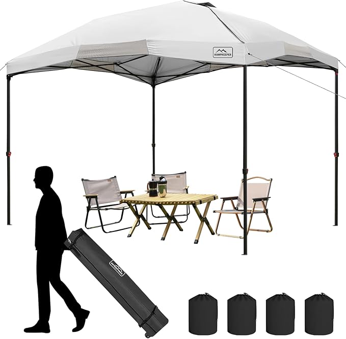 KAMPKEEPER 12x12 Pop Up Canopy TentHeavy Duty Outdoor Sun Shade for EventsCampingParties - Polygonal Patio Gazebo with Wheeled Bag4 sandbags(White)