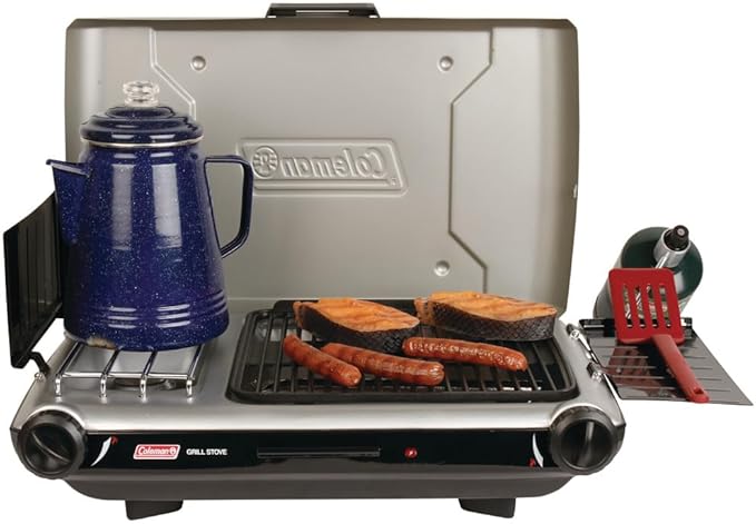 Coleman Tabletop 2-in-1 Grill &amp Stove with 2 Adjustable Burners Propane Grill/Stove with Push-Button Starter Wind Guards Grease Tray &amp 20000 BTUs of Power for Camping Tailgating &amp M