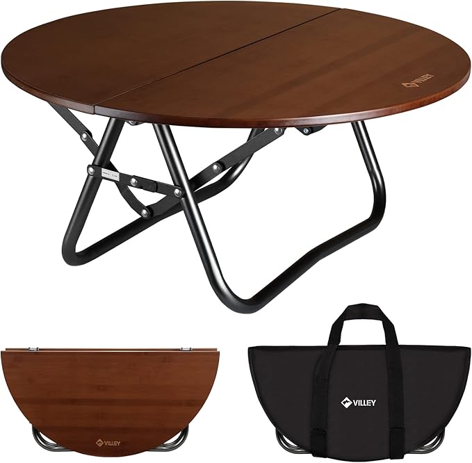 VILLEY Bamboo Round Folding Table Camping Half-fold Portable Table with Carrying Bag for Indoor &amp Outdoor Picnic Coffee Barbecue Beach Card Game