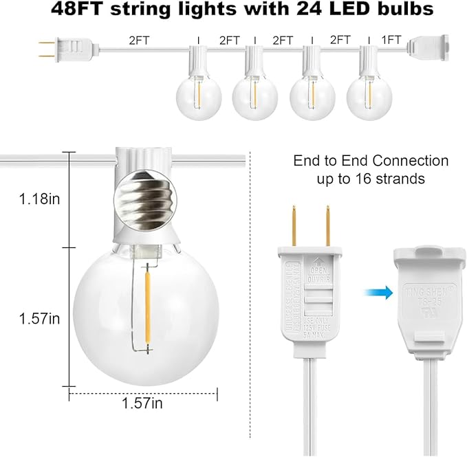 SUNTHIN White Outdoor String Lights 96FT(48ft * 2 Pack) Patio Lights with G40 Shatterproof LED Bulbs Waterproof Conectable Hanging Outside Lights for Yard Porch Deck Garden Pergola(White)