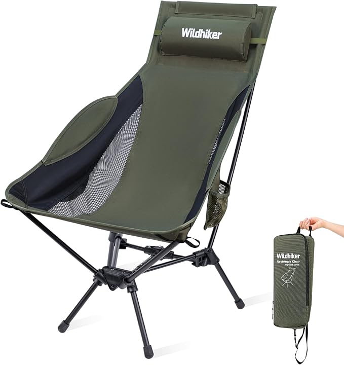 Wildhiker Portable Compact Folding Camping Chairs – Lightweight High Back with Pillow Deep Recline ArmPads Side Pockets-for Motorcycle RV Backpacking Travel Festival – Green