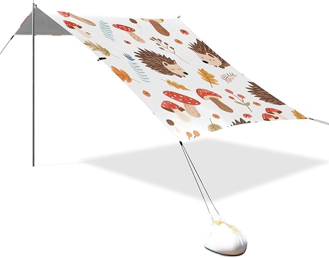 Cute Hedgehogs and Forest Mushrooms Camping Sun Shelter Beach Tent Portable Beach Sun Shade Outdoor Canopy for Camping Trips Fishing Picnic