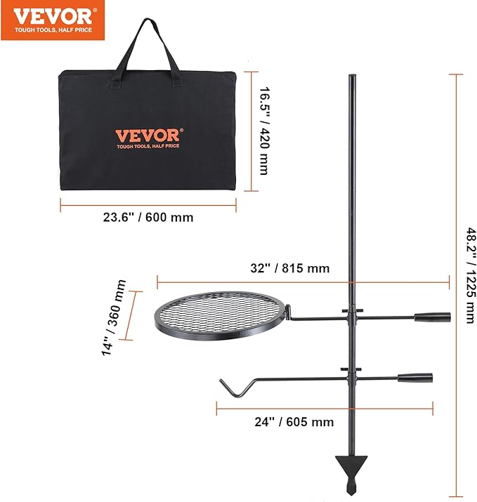 VEVOR Swivel Campfire Grill Fire Pit Grill Grate over Fire Pits Heavy Duty Steel Grill Grates 360° Adjustable Open Fire Outdoor Cooking Equipment Portable Camp Fire Racks for Camping Outdoor BBQ