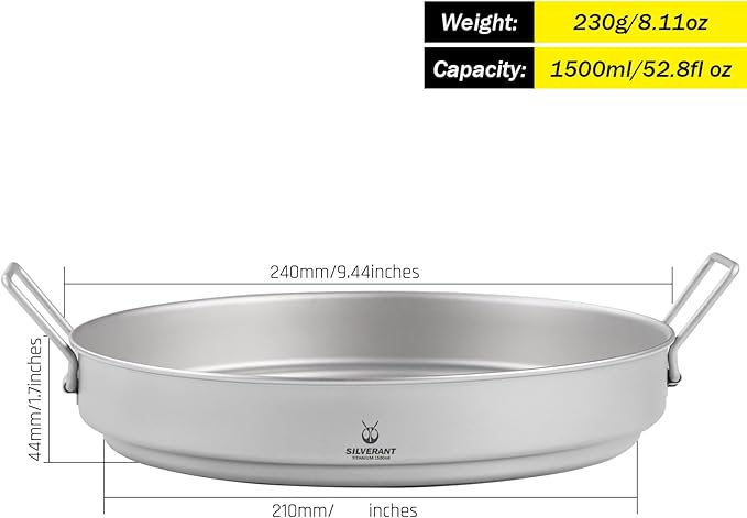 SILVERANT Camping Plate Titanium Pan Dish Plate with Handle &amp Mesh Bag Large Reuseable Ultralight Dinner Plate for Camping Outdoors Backpacking (1500ML)