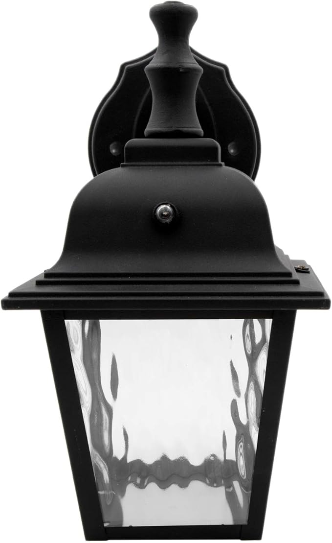 Maxxima LED Porch Lantern Outdoor Wall Light Fixture - Black Clear Water Glass Photocell Sensor 875 Lumens 3000K Warm White Dusk to Dawn Light Sensor Exterior Decorative Light