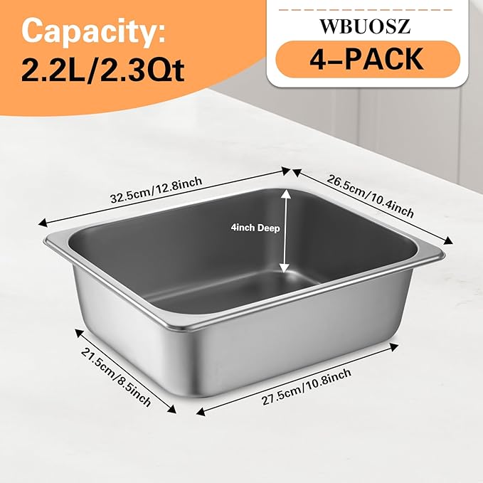 1/2 Size Hotel Pan with Lids 4 Pack 4'' Deep Steam Table Pan 12.8''L x 10.4''W Stainless Steel Pans for Home Party Hotel Buffet