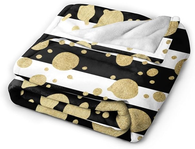80X60 Faux Gold Paint Splatter On Black &amp White Stripes Lightweight Flannel Blanket - Soft and Breathable Polyester Suitable for Travel Camping and Home Decoration