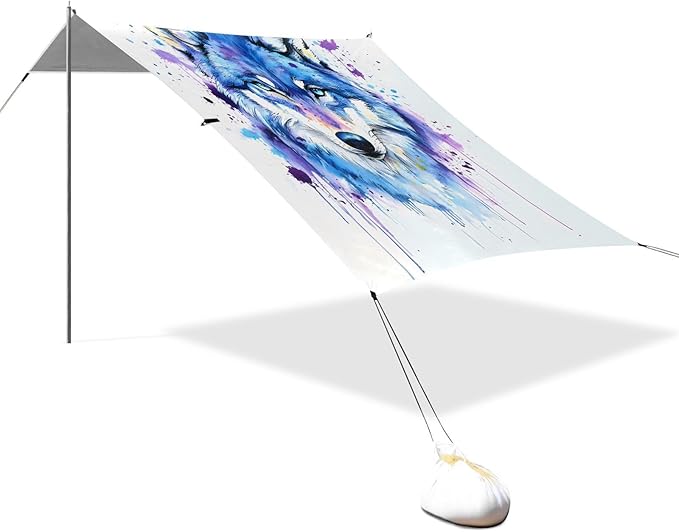 ALAZA Watercolor Wolf Head Art Beach Tent Sun Shelter UPF50+ Protection Beach Shade Canopy w/ 4 Sandbags for Outdoor Camping Fishing Backyard Fun Picnic 10x9 ft