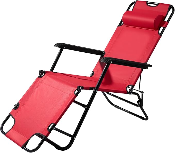 Reclining Camping Chair Portable Dual Purposes Extendable Folding Reclining Chair4 Adjustable Positions Patio Beach Chair for AdultsLawn Lounge Chairswith Headrestfor Garden Pool Sports (Red)