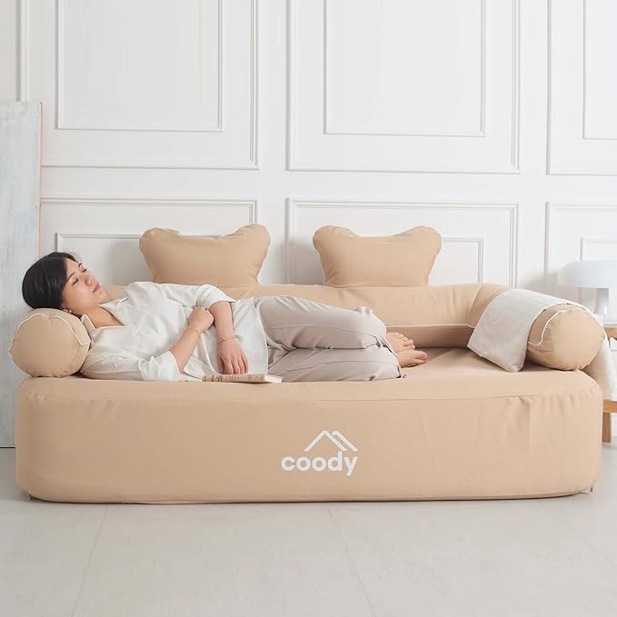 COODY Air Sofa Inflatable Couch for Home &amp Outdoor Blow Up Camping Sofa Built-in Pump Portable Folding Couch Glamping Inflatable Double Chair Movie Loveseat - 61x32x32 (Beige)