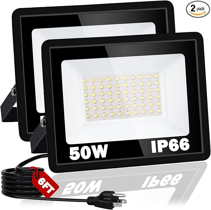 50W 2 Pack LED Flood Light Outdoor IP66 Waterproof 5000K Daylight White 6000LM Super Brighter Work Light with 6ft Cord and Plug Exterior Floodlight Security Lights for Yard Garage Garden