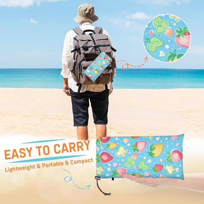 Waterproof Sandproof Beach Blanket 59''×68'' Strawberry Polyester Outdoor Picnic Blanket with 4 Stakes &amp Storage Bag for BeachCampingVacation Blue