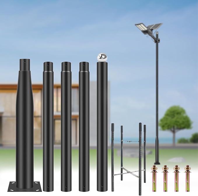Street Light Pole 16Ft - Black Outdoor Adjustable Metal Solar Street Lamp PostSuitable for Street Courtyard Porch Exterior Patio Flag Lighting Fixtureswith Mounting Rebar Cage Base Accessory