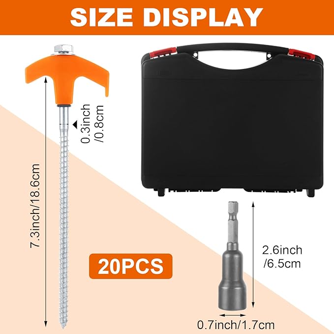 LANIAKEA 20PCS 8 Screw in Tent Stakes Heavy Duty Ground Anchors Screw in Metal Stakes with Hex Head Driver for Camping Grassland Portable Box (Orange)
