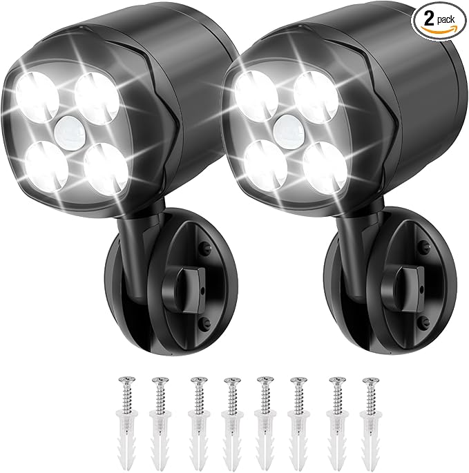 Battery Operated Motion Outdoor Waterproof Lights 800 Lumen Ultra Bright Battery Powered Night Activation Security Spotlight for Porch Trash Can Stairs Garage (2 Pack)