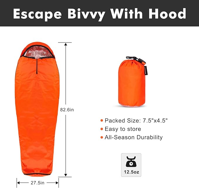 Emergency Sleeping Bag Thermal Bivvy Lightweight Survival Sleeping Bags Thermal Bivy Sack Portable Compact Waterproof Reusable for Camping Hiking Outdoor Activities