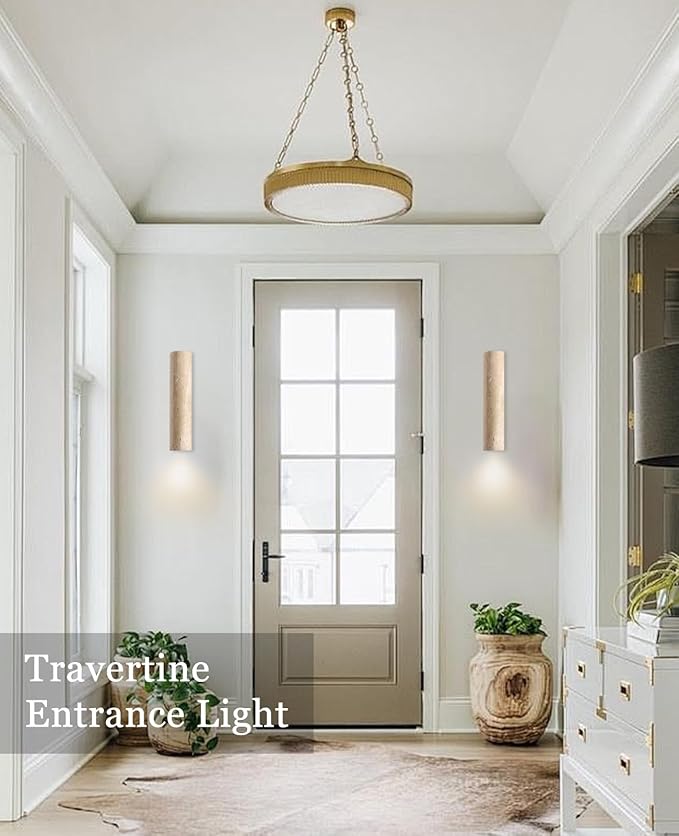 Outdoor Waterproof Wall Sconce 11 H Long Linear Natural Yellow Travertine Wall Lamp with Natural Stone Lampshade Wooden Base MCM Wall Sconce for House Patio Garage Entryway (Water Resistant)