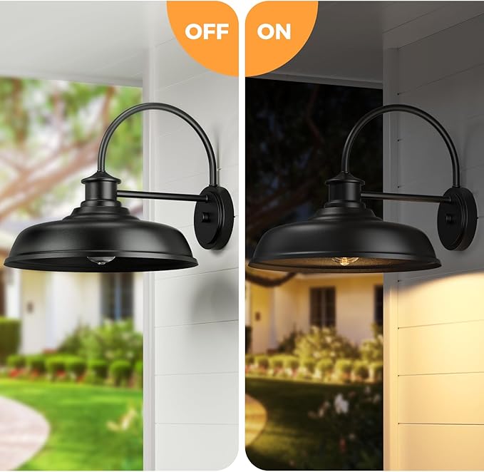 Large Farmhouse Exterior Barn Light 14 inch Black Industrial Gooseneck Outdoor Wall Mount Lighting Fixture with E26 Socket Waterproof Exterior Light Fixture for House Yard Doorway 2-Pack