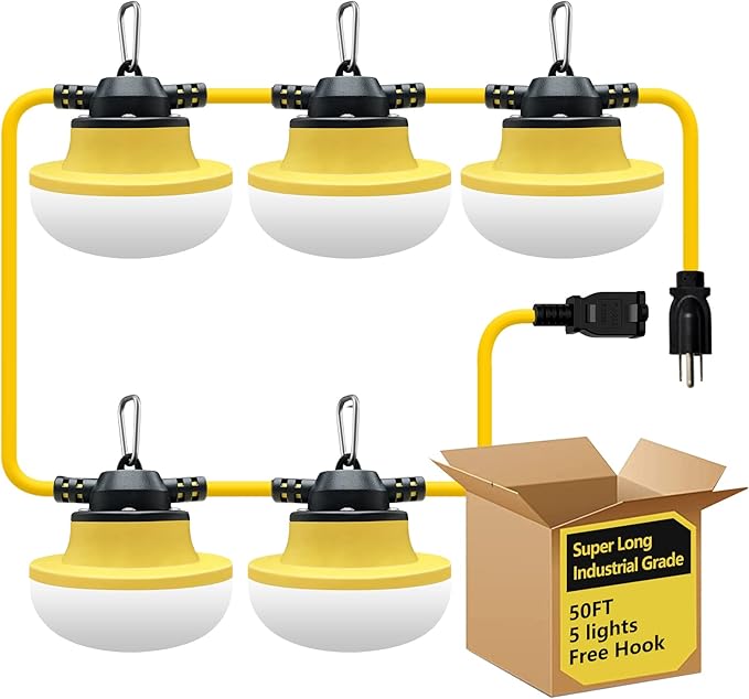 New Upgrade 50FT Construction String Lights LED Industrial Grade Best for Construction SitesRenovation WalkwaysPatioMine caveOutdoor Lighting Solutions UseFree for Climbing Hook 3Prong