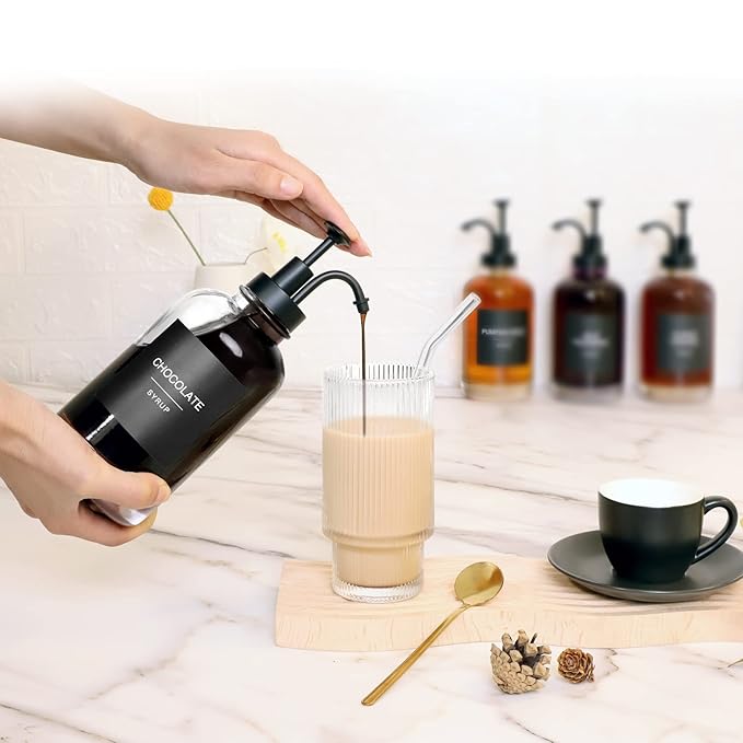Glass Coffee Syrup Dispenser with 84 Labels (Set of 2) Fancy Pump Dispenser for Bar Accessories 16.9 oz