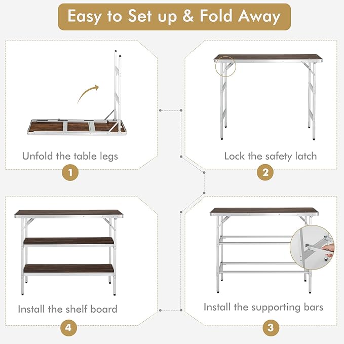 COSTWAY Folding Picnic Table Portable Camping Table with Carry Bag Lightweight Aluminum Food Prep Station with 2 Shelves Quick Set-up BBQ Party Backyard