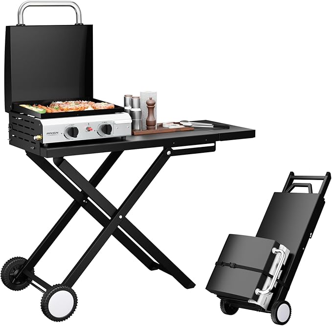 ROVSUN 2 Burner Foldable Propane Griddle with Wheels Enameled Tray &amp Lid 20000 BTU Portable Rolling Flat Top Gas Grill with Electronic Ignition &amp Regulator for Outdoor Cooking Camping BBQ Ta