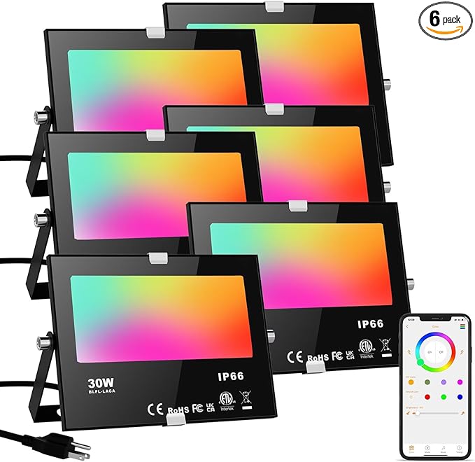 LED Flood Lights RGB Color Changing 300W Equivalent Outdoor 30W Bluetooth Smart RGB Floodlight APP Control IP66 Waterproof Timing 2700K&amp16 Million Colors 23 Modes for Garden Stage Lighting 6 P