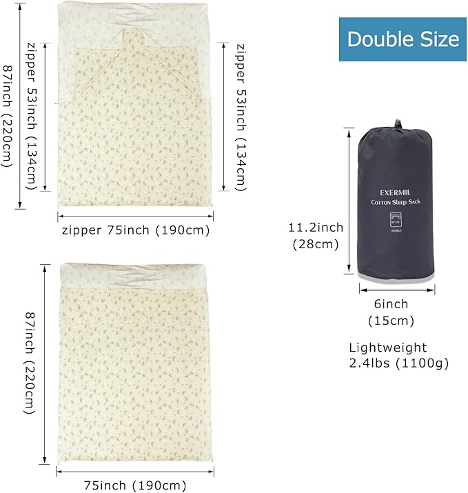 100% Cotton Sleeping Bag Liner with Full Length Zipper on 3 Sides Single/Double Adult Sleep Sack for Travel &amp Camping Multifunctional Travel Sheets (Unzipped 87”x87”) for Hotel Lightweight