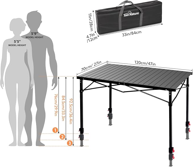 Portable Outdoor Adjustable Height Camping Table Large for 2-6 Person Foldable Roll-up Aluminum Camp Table with Carry Bag for Picnic Camp Sturdy Stable Loads 220 Lbs (Black)
