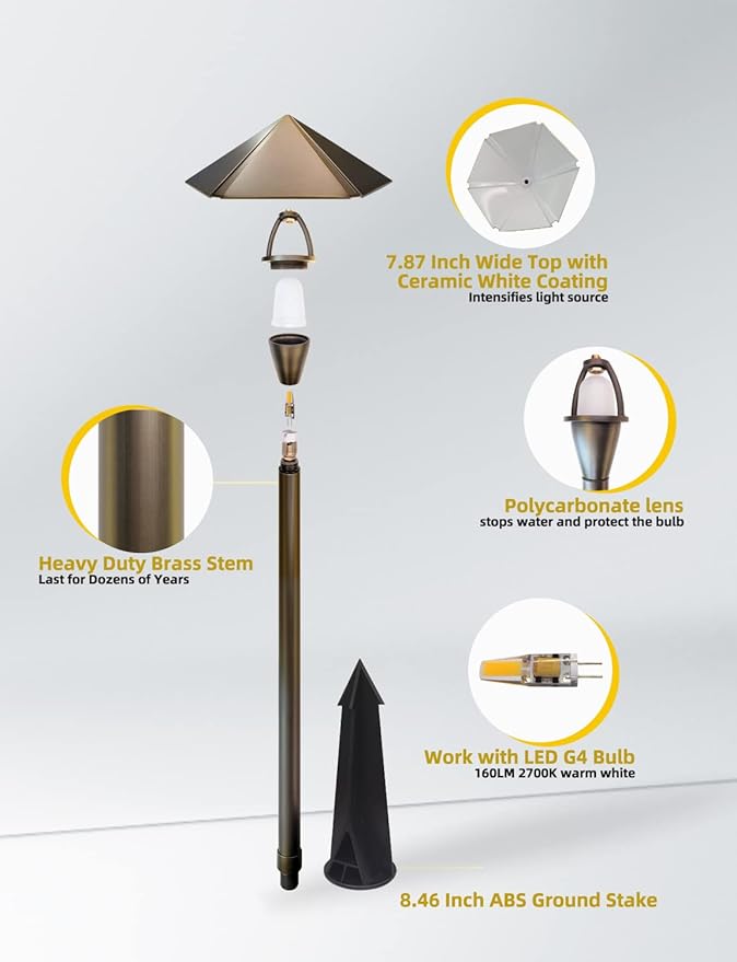 COLOER 12V Brass Outdoor Low Voltage Garden Path Lights for Outside(Bronze23.2 Tall 7.9 Shade) with 2W 2700K G4 LED Bulb(605B)
