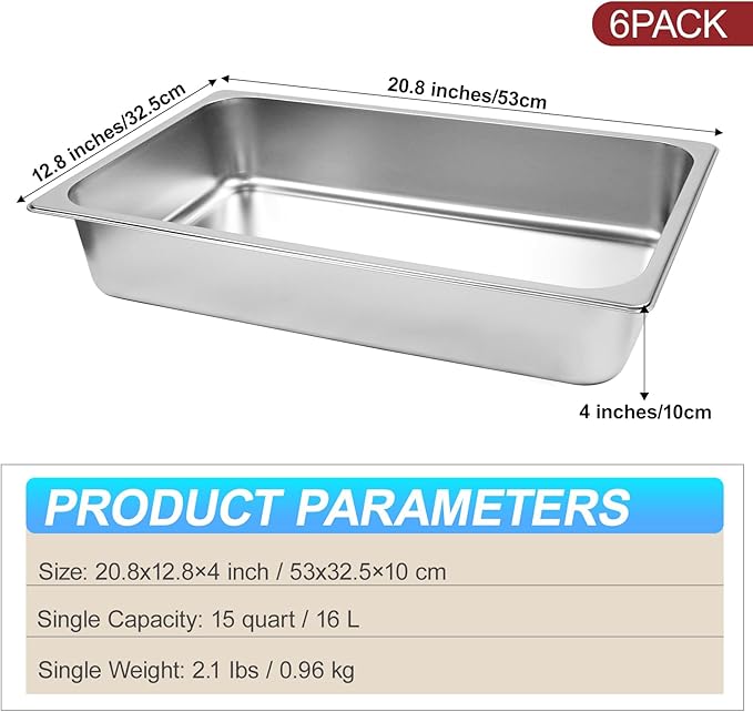 6 Pack Hotel Pans 1/1 Size 4 Deep Stainless Steel Trays for Food 20.8 L x 13 W Catering Food Pan Commercial Table Pan for Hotel Restaurant Buffet Party Supplies