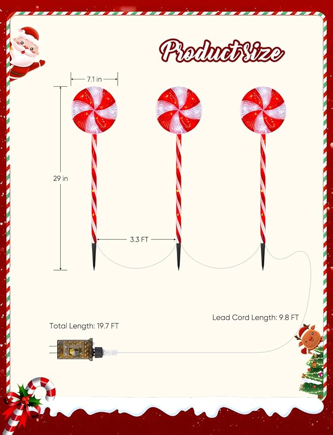Brightown 3 Pack Lollipop Christmas Pathway Lights Outdoor - 29IN 60 LED Candy Cane Lights with 8 Lighting Modes Waterproof Christmas Light Outdoor Decoration for Lawn Yard Walkway Red and White