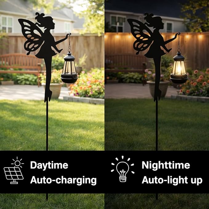 Solar Fairy Garden Accessories Outdoor 1 Pair - Metal Stakes Decorative Figurines Housewarming Ornament for Patio Lawn Yard Pathway - Unique Gift Ideas for Gardening Mom Grandma (Warm Lighting)